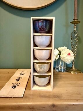 Vintage Japanese Yunomi Tea Cups Set of 5 Iridescent Pottery Cups Boxed